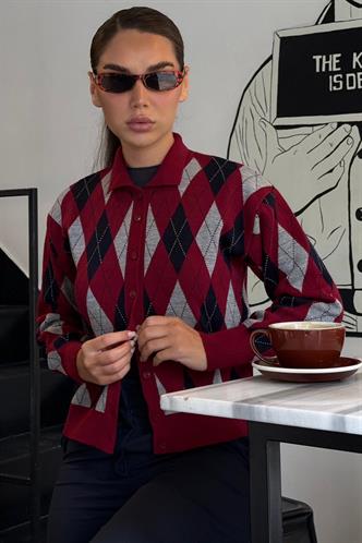 Bordo Baklava Desenli Polo Yaka Kadın Hırka MG2478