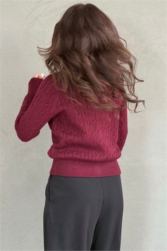 Bordo Bisiklet Yaka Örgü Desenli Kadın Hırka MG2899