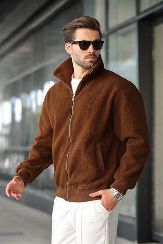 Kahverengi Fermuarlı Dik Yaka Erkek Polar Hırka E7166