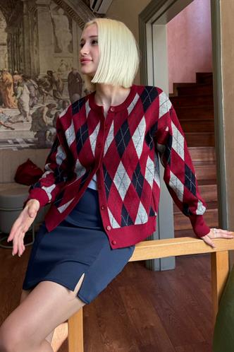 Bordo Baklava Desenli Bisiklet Yaka Kadın Hırka Mg2496