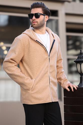 Bej Fermuarlı Peluş Erkek Hırka E7080