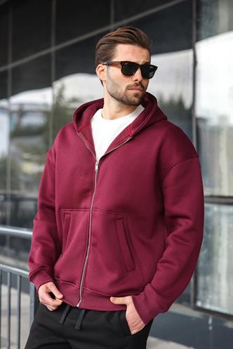Bordo Fermuarlı Kapüşonlu Erkek Hırka E7174