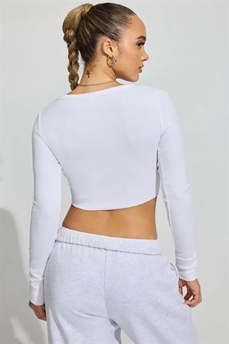 Beyaz Uzun Kollu Düğmeli Kaşkorse Crop Hırka MG2193
