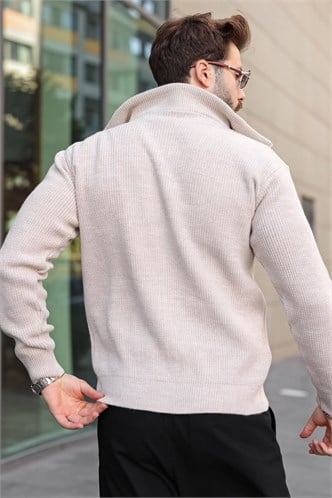 Taş Rengi Fermuarlı Dik Yaka Erkek Triko Hırka E7529