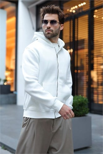 Ekru Şardonlu Kapüşonlu Erkek Sweat Hırka E7219
