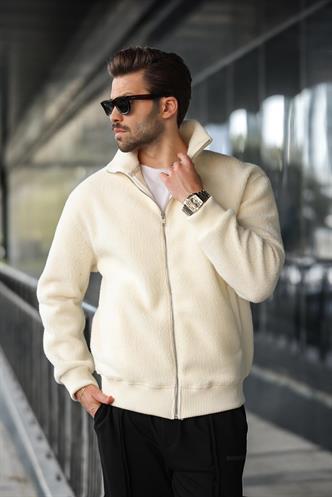 Beyaz Fermuarlı Dik Yaka Erkek Polar Hırka E7166