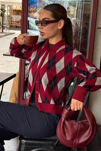 Bordo Baklava Desenli Polo Yaka Kadın Hırka MG2478