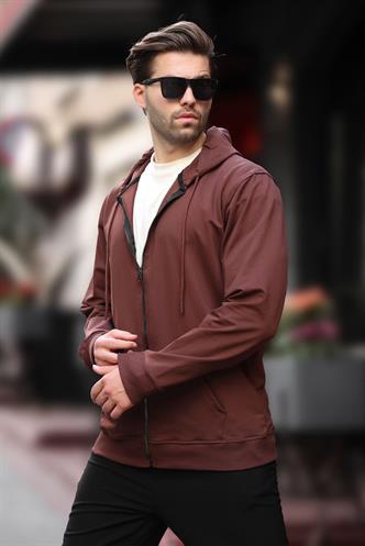 Acı Kahverengi Kapüşonlu Fermuarlı Erkek Hırka 7070