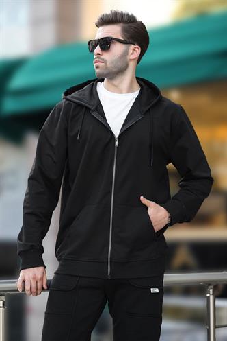 Siyah Kapüşonlu Fermuarlı Erkek Hırka 7070