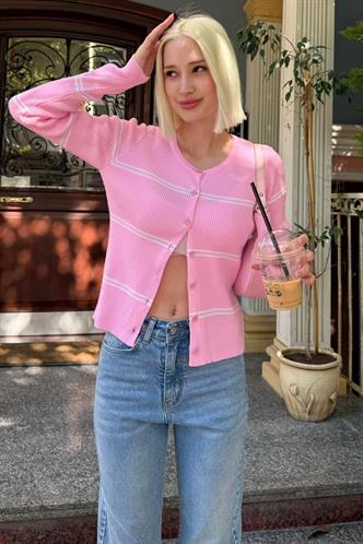 Pembe Çizgili Kadın Triko Hırka MG2481