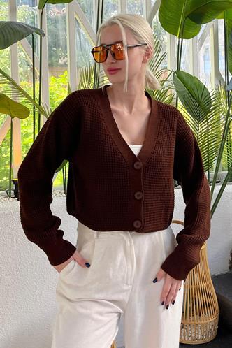 Kahverengi Uzun Kollu Düğmeli Crop Hırka MG2198