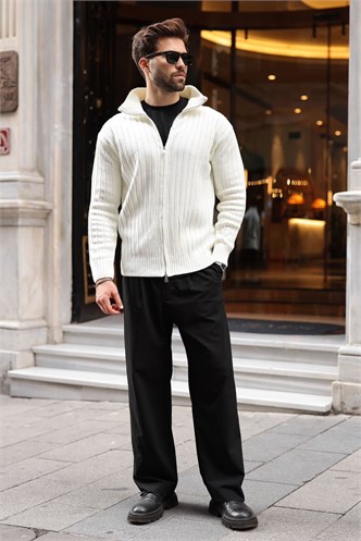Kemik Rengi Çift Fermuarlı Slim Fit Çizgili Erkek Triko Hırka E7522