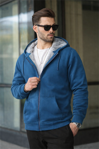 Madmext İçi Kürklü İndigo Hırka 22377 