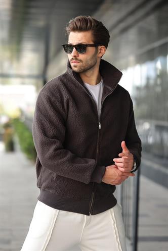 Füme Fermuarlı Dik Yaka Erkek Polar Hırka E7166