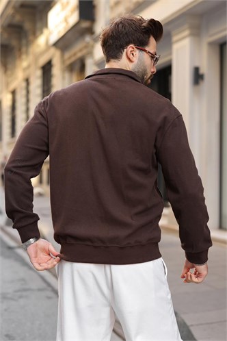 Acı Kahve Dik Yaka Çift Fermuarlı Cepli Erkek Triko Hırka E7198 
