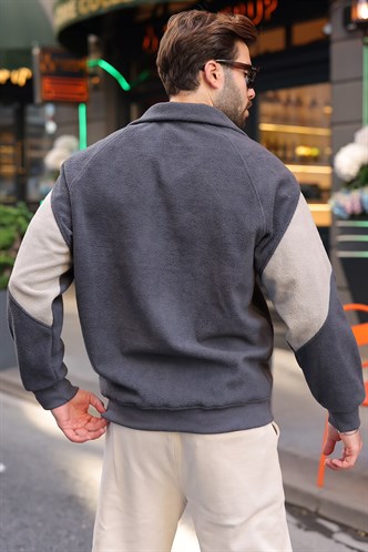 Füme Şerit Detaylı Çift Fermuarlı Erkek Polar Hırka E7191