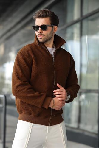 Kahverengi Fermuarlı Dik Yaka Erkek Polar Hırka E7166