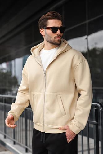 Bej Fermuarlı Kapüşonlu Erkek Hırka E7174