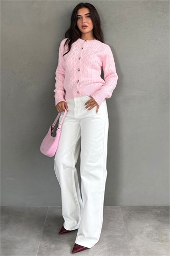 Pembe Bisiklet Yaka Örgü Desenli Kadın Hırka MG2899