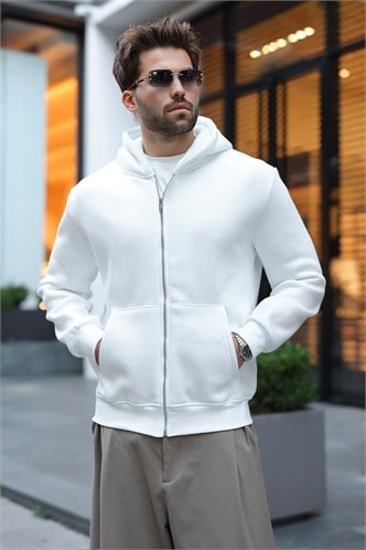 Ekru Şardonlu Kapüşonlu Erkek Sweat Hırka E7219