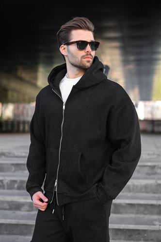 Siyah Çift Fermuarlı Batik Desenli Erkek Hırka E7175