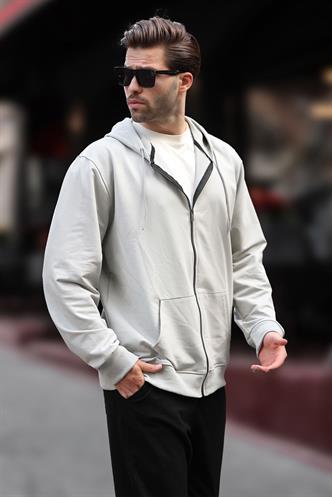 Boyalı Gri  Kapüşonlu Fermuarlı Erkek Hırka 7070