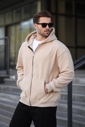 Bej Kapüşonlu Erkek Polar Hırka E7168