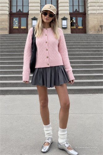 Pembe Bisiklet Yaka Örgü Desenli Kadın Hırka MG2899