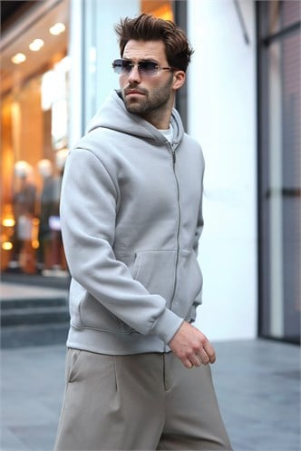 Boyalı Gri Şardonlu Kapüşonlu Erkek Sweat Hırka E7219