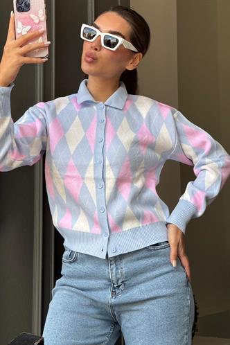 Mavi Baklava Desenli Polo Yaka Kadın Hırka MG2478