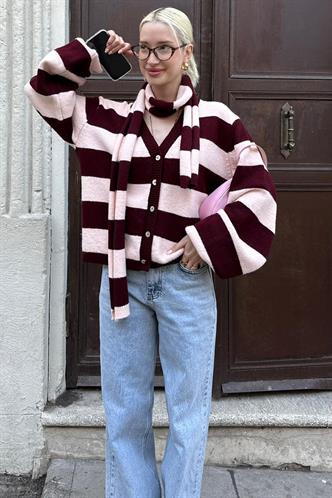 Pembe Çizigli Atkılı Kadın Triko Hırka MG2588