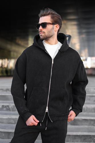 Siyah Çift Fermuarlı Batik Desenli Erkek Hırka E7175