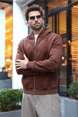 Acı Kahve Şardonlu Kapüşonlu Erkek Sweat Hırka E7219