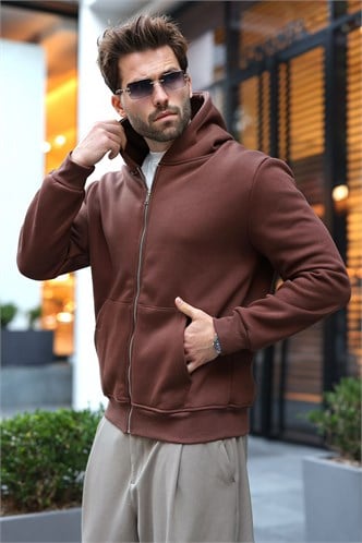 Acı Kahve Şardonlu Kapüşonlu Erkek Sweat Hırka E7219