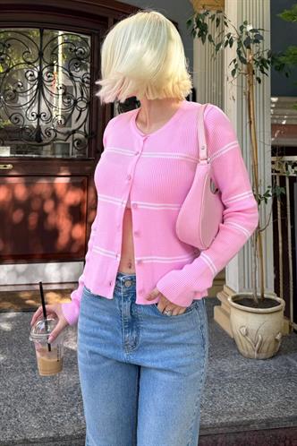 Pembe Çizgili Kadın Triko Hırka MG2481