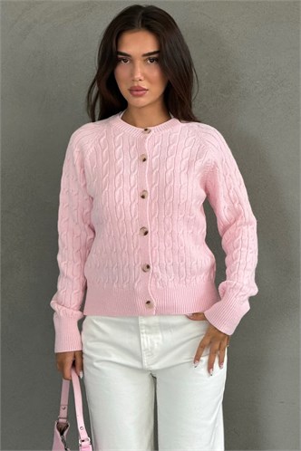 Pembe Bisiklet Yaka Örgü Desenli Kadın Hırka MG2899