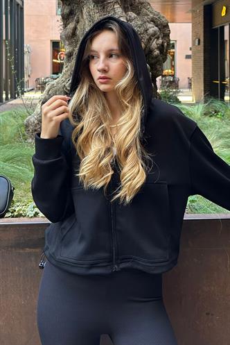 Siyah Fermuarlı Kapüşonlu Uzun Kollu Kısa Hırka MG2214