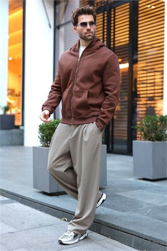 Acı Kahve Şardonlu Kapüşonlu Erkek Sweat Hırka E7219