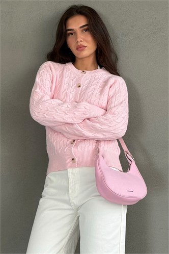 Pembe Bisiklet Yaka Örgü Desenli Kadın Hırka MG2899
