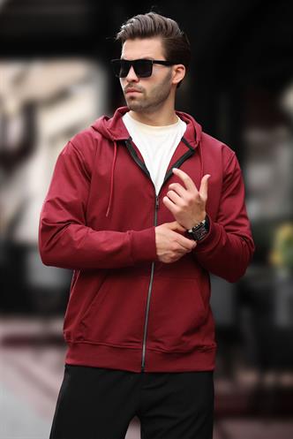 Bordo Kapüşonlu Fermuarlı Erkek Hırka 7070