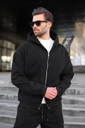 Siyah Çift Fermuarlı Batik Desenli Erkek Hırka E7175