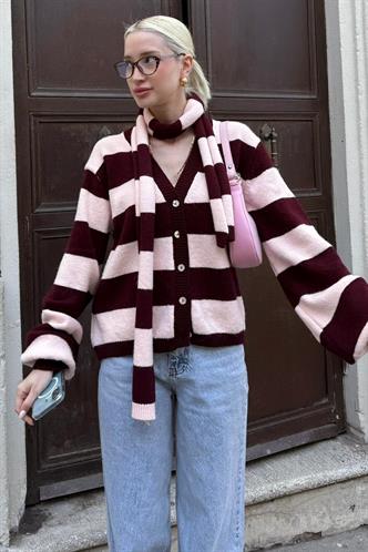 Pembe Çizigli Atkılı Kadın Triko Hırka MG2588