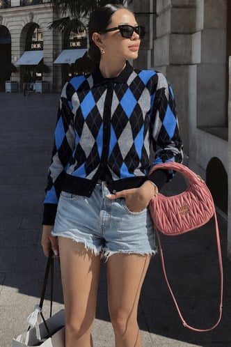 Siyah Baklava Desenli Polo Yaka Kadın Hırka MG2478