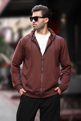 Acı Kahverengi Kapüşonlu Fermuarlı Erkek Hırka 7070