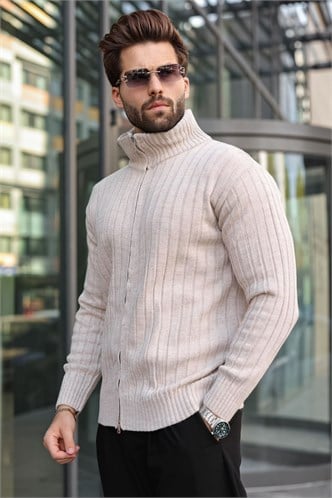 Taş Rengi Çift Fermuarlı Slim Fit Çizgili Erkek Triko Hırka E7522