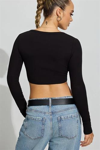 Siyah Uzun Kollu Düğmeli Kaşkorse Crop Hırka MG2193