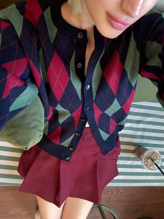 Lacivert Baklava Desenli Bisiklet Yaka Kadın Hırka Mg2496