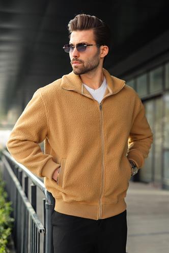 Bej Fermuarlı Dik Yaka Erkek Polar Hırka E7166