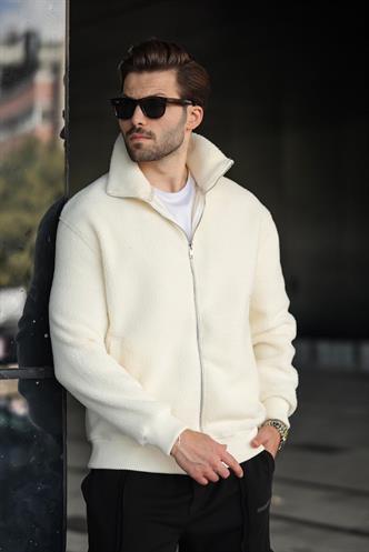 Beyaz Fermuarlı Dik Yaka Erkek Polar Hırka E7166