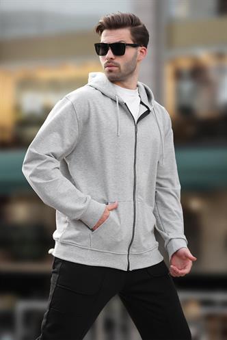 Gri Kapüşonlu Fermuarlı Erkek Hırka 7070